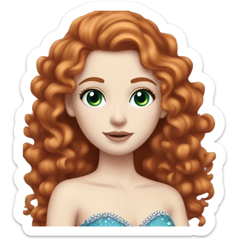  Red long hair curly girl, pale skin, white foundation, purple eyeshadow, with green eyes and a blue bedazzled dress with a small tiara on her head, with mascara on her eyes blue dress pale skin sticker
