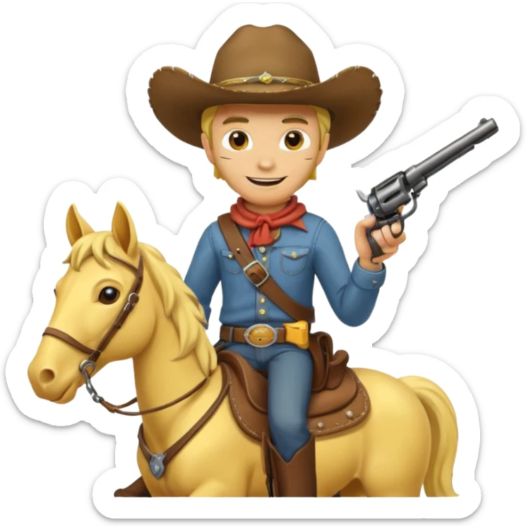 Cowboy riding a horse with revolver. Cowboy With yellow skin and smilling. Simplize it and I need a full pic with horse. Like I need the leg part too sticker