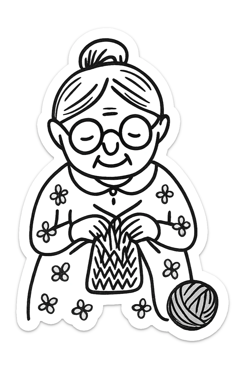 a very old lady grandma wearing glasses knitting hair in a bun floral dress hand drawn style sticker