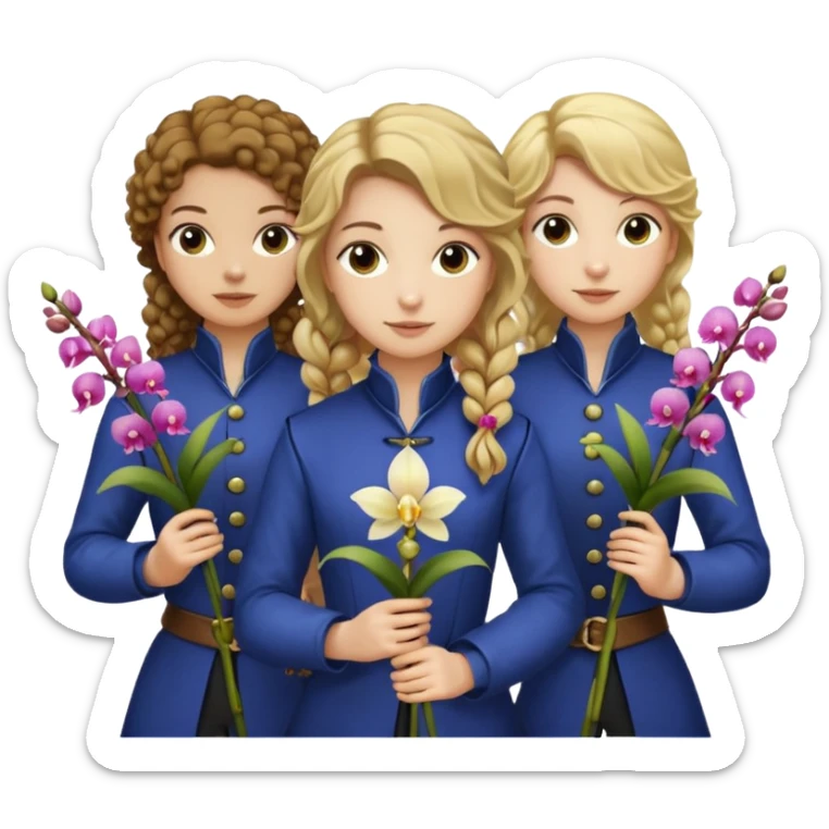 3 female musketeers, one with brown curly hair, one with straight blond hair, one with blond hair in pony tail, all holding orchids sticker
