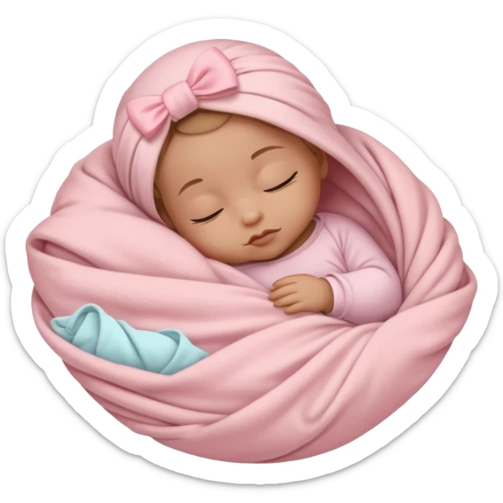 Sleeping baby wrapped in a light pink blanket with a white bow on top of the blanket sticker