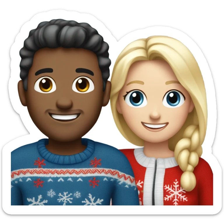 Happy white black hair guy with red christmas jumper and blue jeans , and happy blonde woman with white christmas jumper blue jean sticker