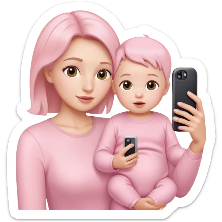 mother and baby taking selfie wearing pastel pink outfits sticker