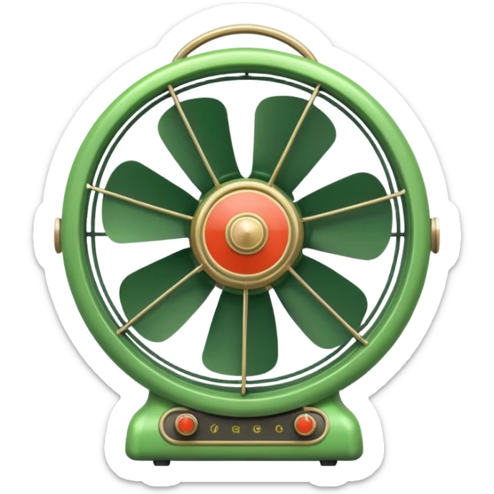 Vintage Electric Fan – retro green body, metal grill, humming softly. sticker