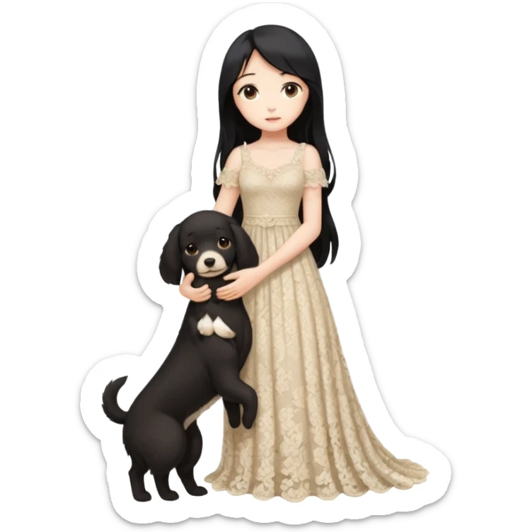 Pastel anime lady long hair with long lace dress full body holding puppy sticker