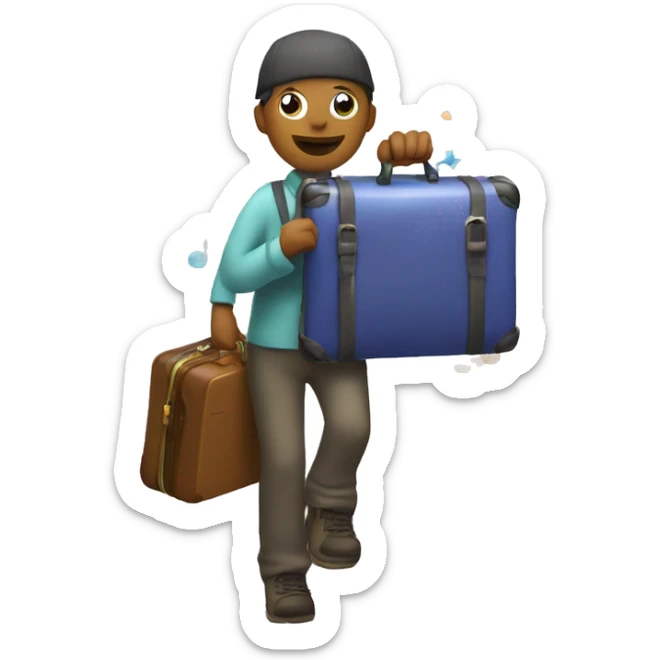 Create an emoji of a figure with a suitcase, surrounded by colorful clouds and musical notes. Add stars and winding paths to symbolize a mental journey. Make it feel adventurous and curious! sticker