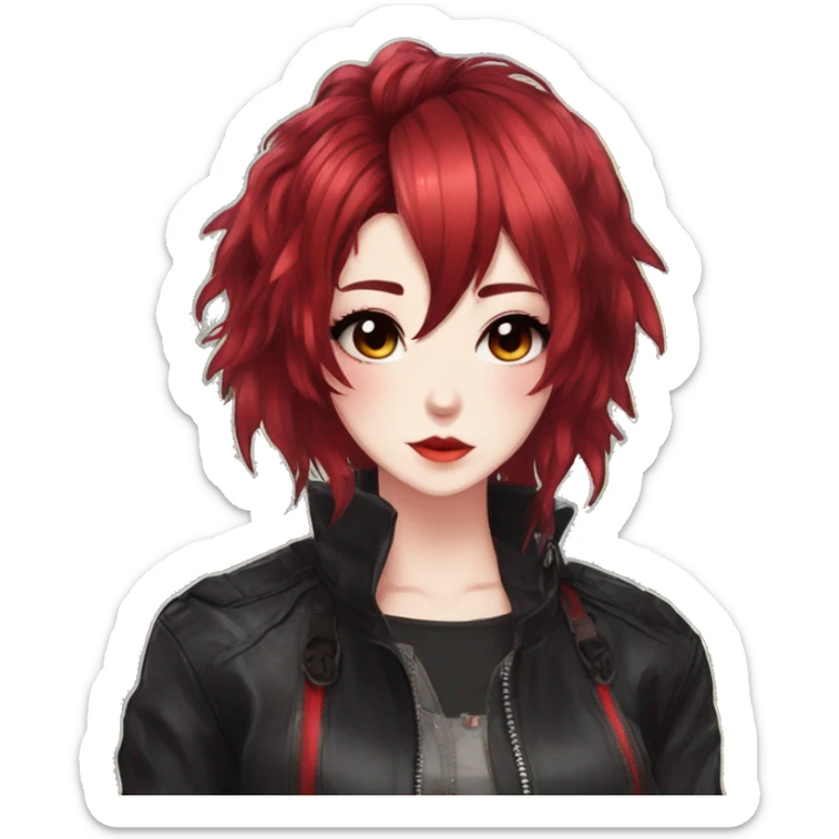 Gorgeous anime style lady with blushing face aesthetic and pretty edgy black red punk hair with hair garment trending style sticker