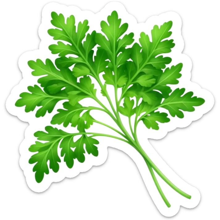 Cinematic Realistic Parsley Emoji, Fresh and vibrant, with bright green, frilly leaves that seem to shimmer with vitality. The plant exudes a sense of healthy growth and aromatic zest, inviting both beauty and flavor into any dish. Soft glowing outline, capturing the essence of freshness, health, and culinary delight in a sprig of parsley! sticker