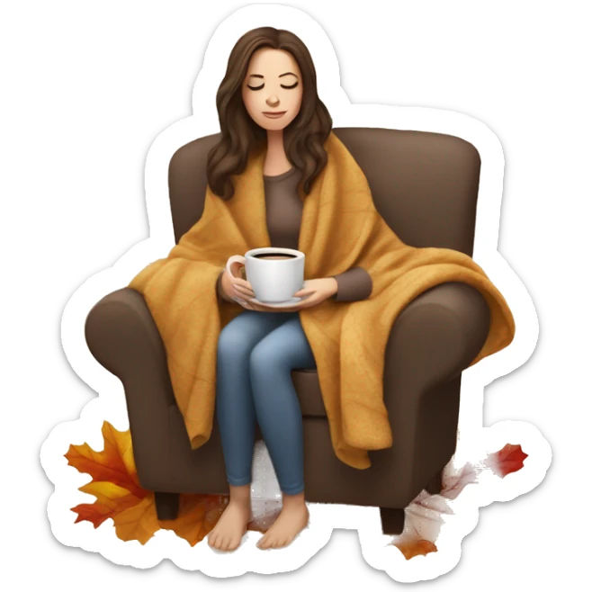 Brunette white girl covered in blanket autumn vibe sitting on a cozy chair holding coffee eyes closed sticker