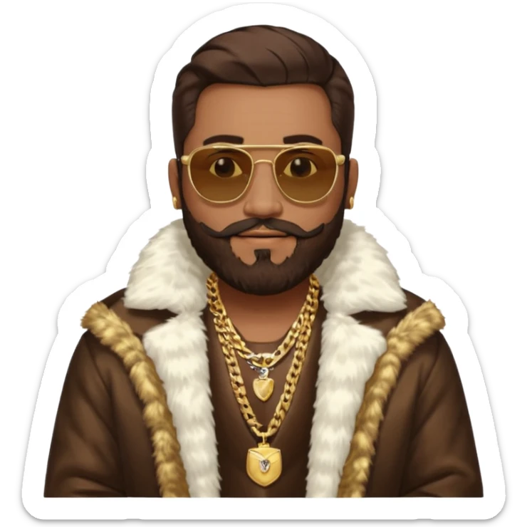 émoji homme barbu, cheveux bruns plaqués collés au crane avec raie au milieu, grosses lunettes de soleil rectangulaires à grosse branches, gros bijoux en or (chaine, montre,) manteau de fourrure très fluffy sur les épaules sourire en coin, boucles d'oreilles sticker