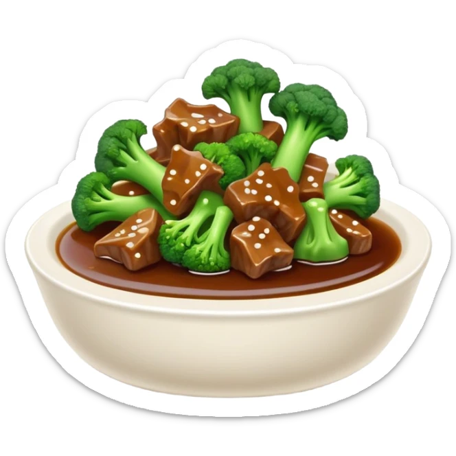 Beef with Broccoli in oyster sauce, simplified emoji style with bold outlines and bright colors, cartoon style stir fried Xi Lan Hua Niu Rou sticker
