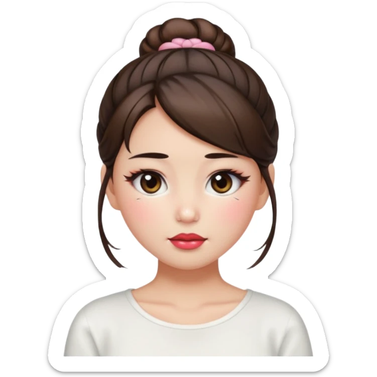 “japanese style Emoji brunette girl hair in bun white top, dewy skin, heavy blush across cheeks and nose bridge, glossy cherry lips, soft eyeliner, teary sparkling eyes sticker