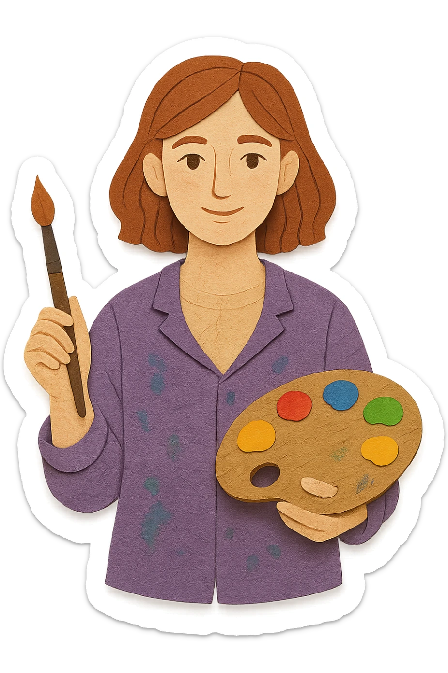 Serene female oil painter, Caucasian features, shoulder-length auburn hair, soft brown eyes, gentle smile, wearing a violet painter’s smock lightly stained with paint over a beige blouse, holding a wooden palette with vibrant colors in one hand and a brush in the other, waist-up, front-facing sticker