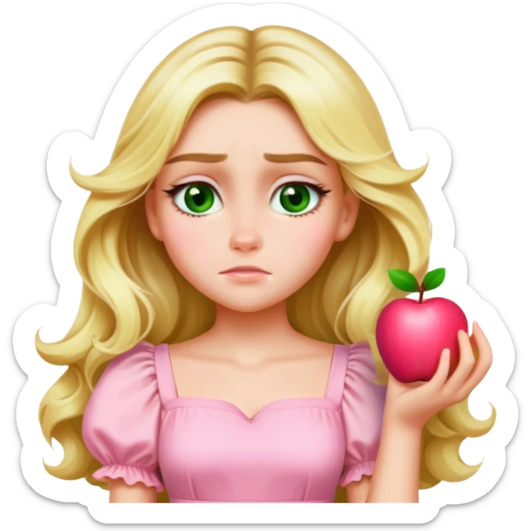 Create an emoji-style illustration of a blonde girl with long wavy hair, green eyes, and a pink pastel puff-sleeve dress, matching the Apple emoji style of the reference image. Keep her facial features, hairstyle, and outfit identical. Generate a joyful expression. sticker