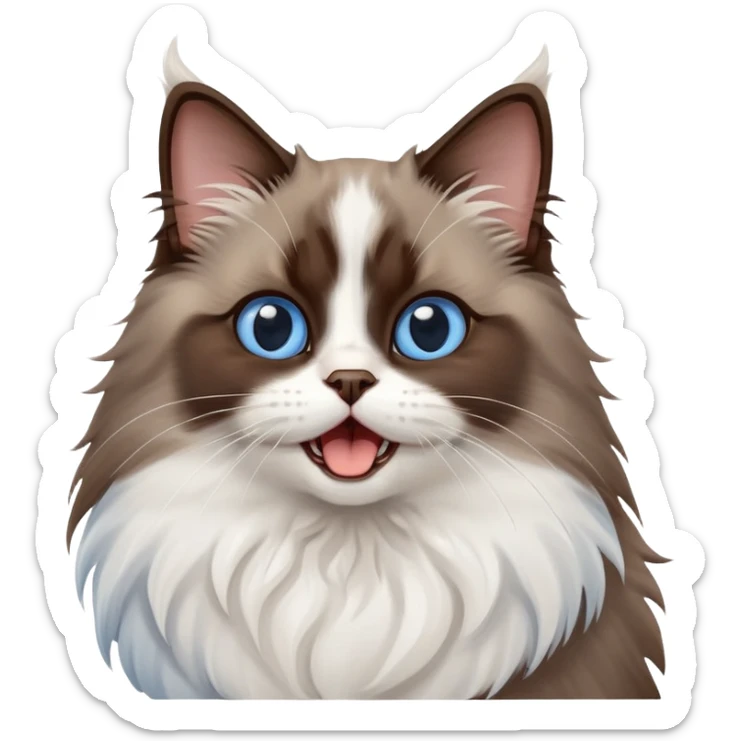 cinematic-adorable-big-eyed-fluffy-dark brown and white ragdoll-cat-portrait-emoji,-head-tilted-playfully-with-a-cute,-yawn,-soft-brown-and white-colored-fur-with-darker-points-on-the-ears,-simplified-yet-irresistibly-cute-features, sparkling blue eyes sticker
