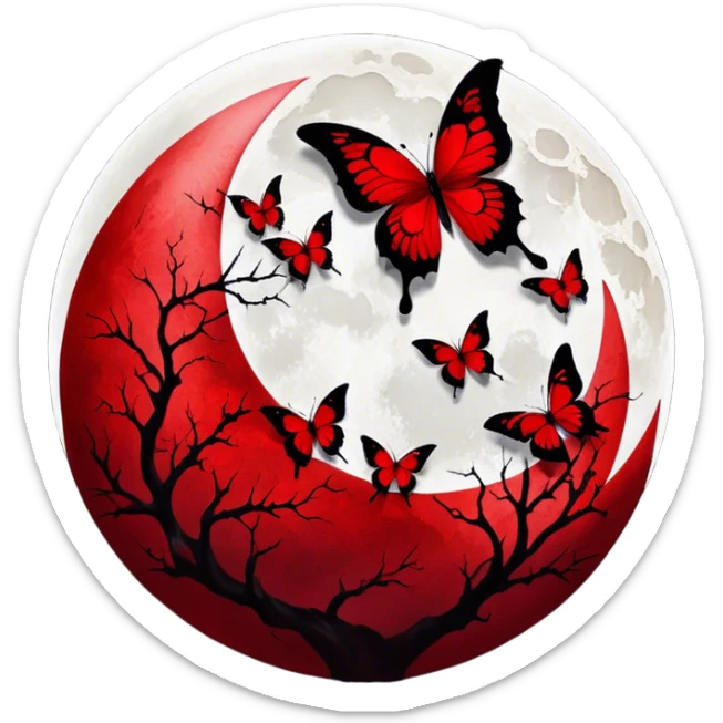 red Blood red moon, crimson butterflies with cracked porcelain red wings in gothic style sticker