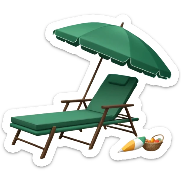dark green lounge chair and fully white beach umbrella, minimalism, no emojis or faces sticker