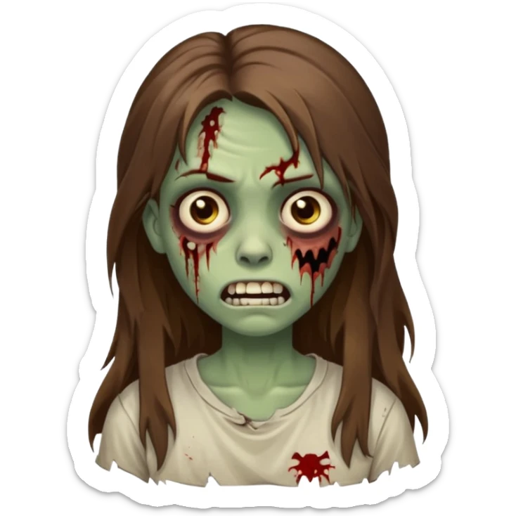 Girl zombie with brown long hair with teeth and serious face IOS style sticker