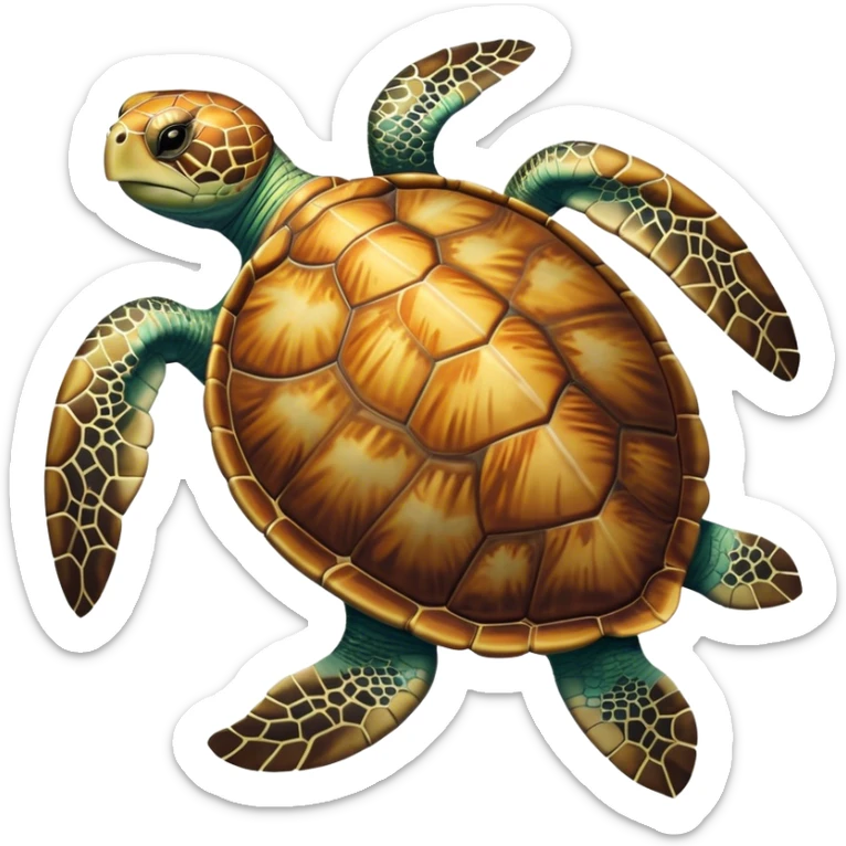 Cinematic Noble Sea Turtle Portrait Emoji, Poised and wise, with a majestic, domed shell adorned with rich, textured patterns and a smooth, ancient body gliding gracefully through the water, deep, reflective eyes exuding calm wisdom, Simplified yet sharp and sophisticated features, highly detailed, glowing with a soft, oceanic glow, high shine, intelligent and graceful, stylized with an air of timeless marine majesty, focused and serene, soft glowing outline, capturing the essence of a watchful and confident sea guardian that appears ready to glide out of the screen with effortless authority! sticker