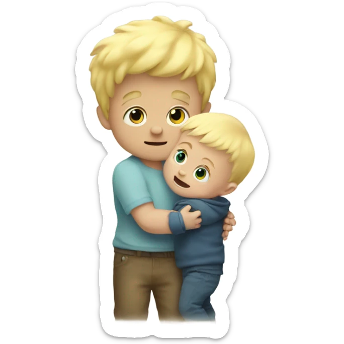 Little blonde baby boy holding the hand of a giant monster sticker