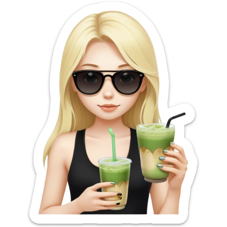 Blonde girl with pale skin and long hair with black sunglasses in black tank top and iced matcha latte sticker