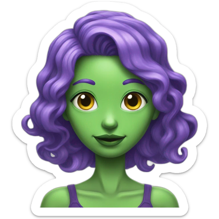 An alien girl with green skin and purple hair waves her hand sticker
