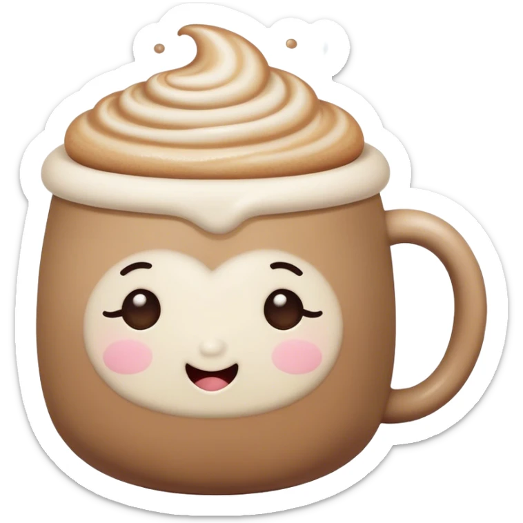 Cute Kawaii Coffee Cup, cozy and warm, a tiny swirl of steam shaped like a heart, round chubby face with a sleepy but content expression, soft pastel brown and cream colors, perfect morning vibes! sticker