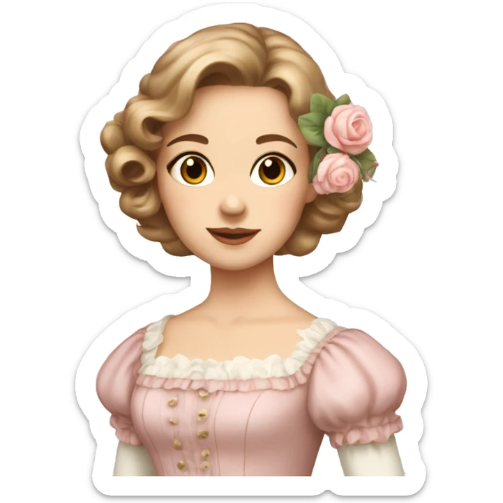 Girl with light brown hair in a regency style light pink dress with flower pattern regency hairstyle  sticker