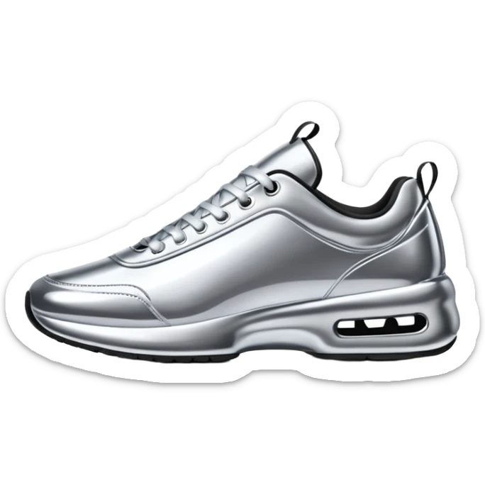 A pair of futuristic sneakers emoji made of silver chrome, sleek streetwear design, smooth metallic panels, subtle reflections, luxury swag aesthetic, iOS emoji style, centered, clean white background sticker