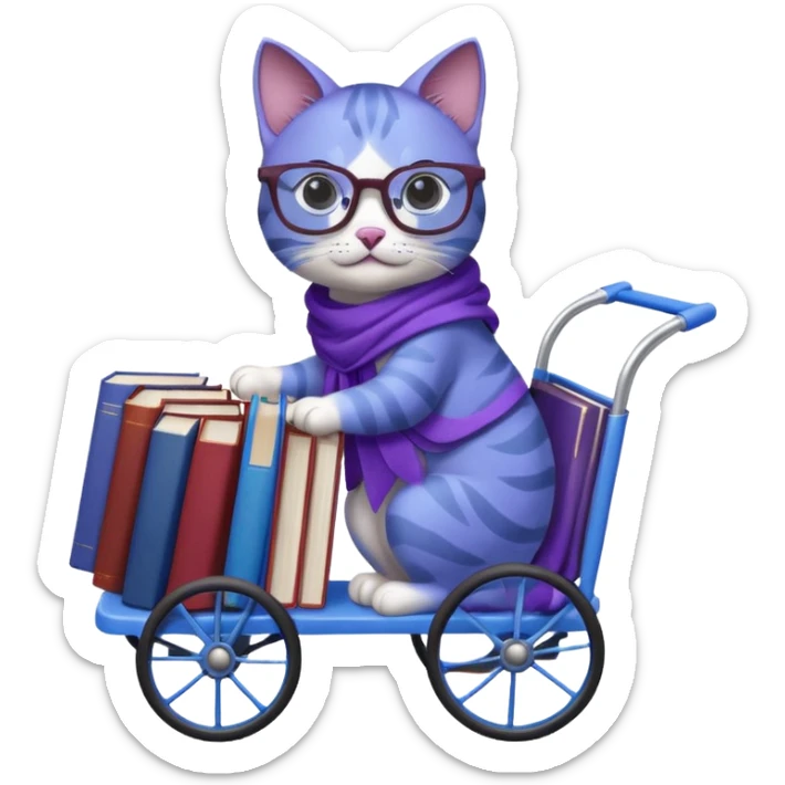 Purple and blue cat, with glasses and a shawl, pushing a 4 wheeled cart full of books sticker