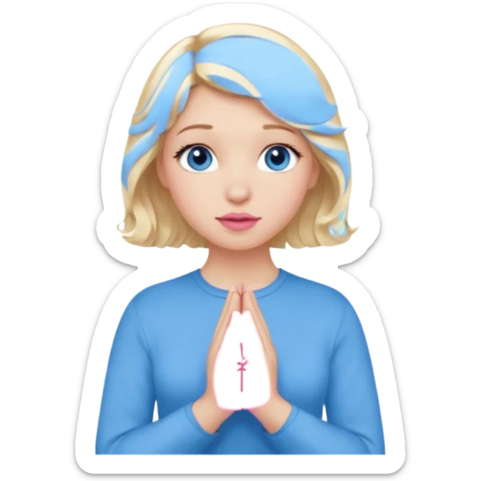 Girl Blonde short wavy hair,  blue eyes, cute blue top, long lashes, pink lips, praying hands sticker