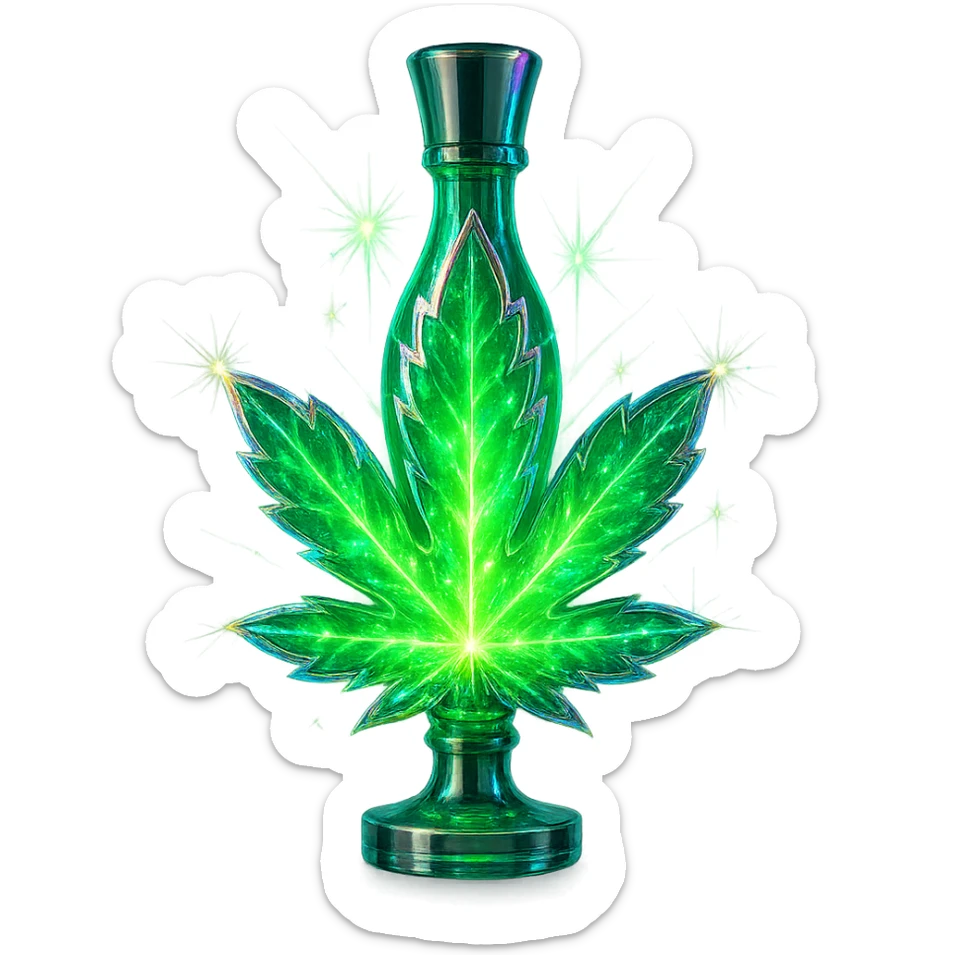 modernus prabangus eliksyro buteliukas, kanapės lapo forma arba su kanapės motyvais, ryški žalia spalva, holografiniai ir sidabriniai ornamentai, maksimaliai stiprūs magiški švytėjimai ir efektai, labai mažas kaklelis, skaidrus fonas, vientisas dugnas, be šešėlio, plūduriuoja ore, kolekcijos stilius sticker