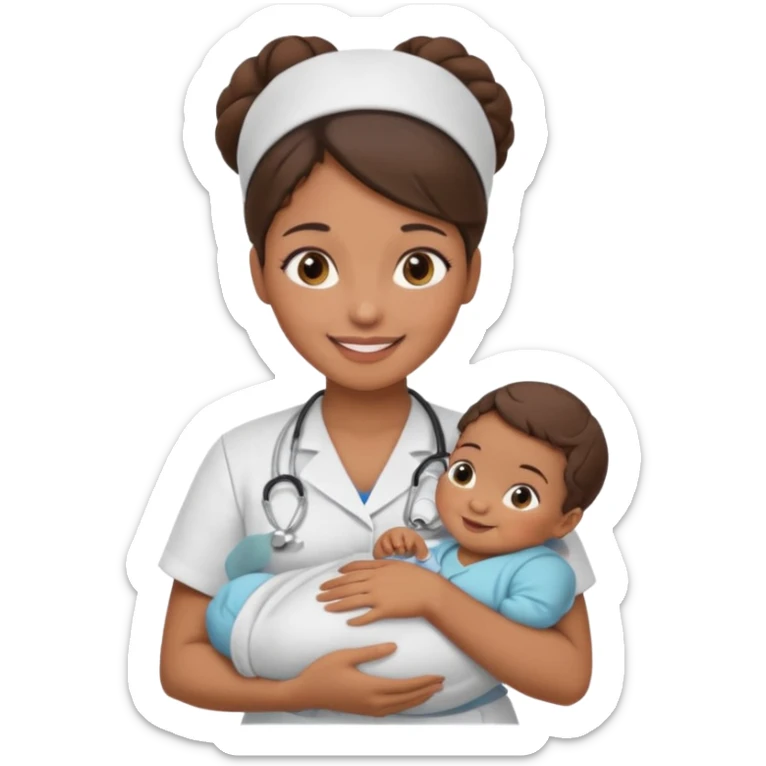 Female nurse smiling with a hair bun on top of head with medium brown skin and brown eyes holding one new born  sticker