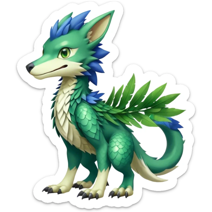 Cute cool fantasy animal hybrid Sergal-Digimon-Fakemon full body, green scales, green leaves, brown eyes, blue feathers sticker