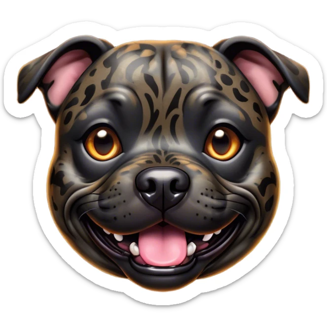 Cinematic Comical Black/Brindle Staffordshire Bull Terrier Portrait Emoji, Head tilted dramatically with an exaggeratedly amused expression, featuring a striking Fur with bold black and brindle patterns, wide, expressive dark eyes filled with playful disbelief, Simplified yet hilariously expressive features, highly detailed, glowing with a slightly sassy glow, high shine, dramatic yet playful, stylized with an air of cheeky mischief, bright and endearing, soft glowing outline, capturing the essence of a spirited and over-the-top guardian, so meme-worthy it feels like it could side-eye its way into internet fame instantly! sticker