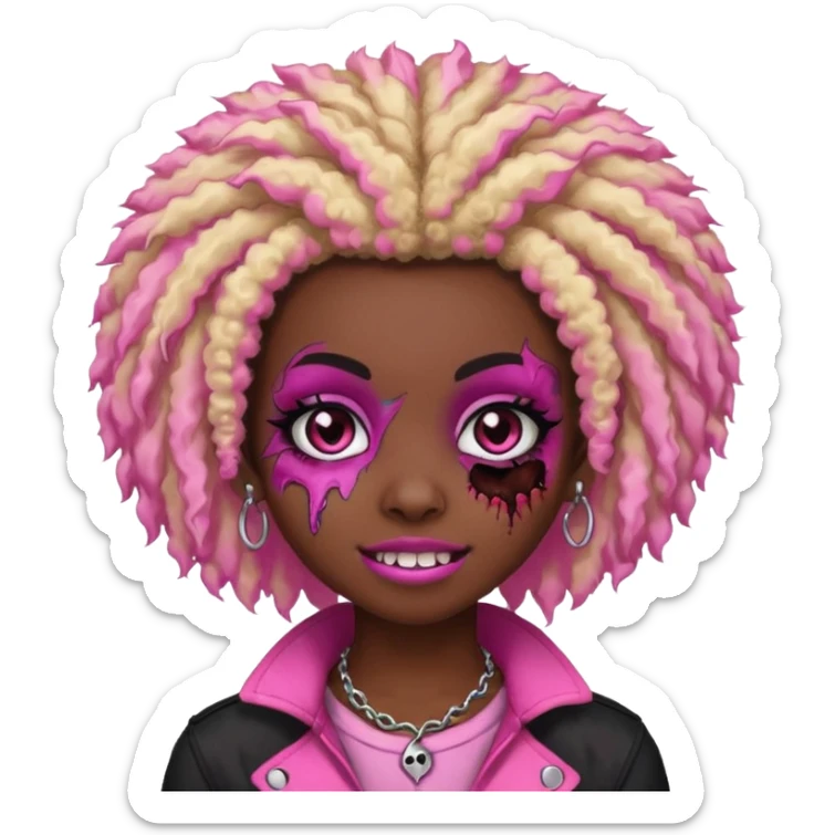 girl, zombie,pink and blonde afro, medium long, emo, shaggy, dark, spooky,double eyebrow dermal piercing, cute illuminous smile sticker