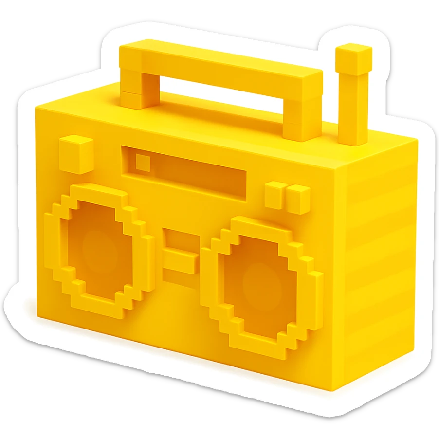 A boombox in voxel style, side view, yellow color sticker