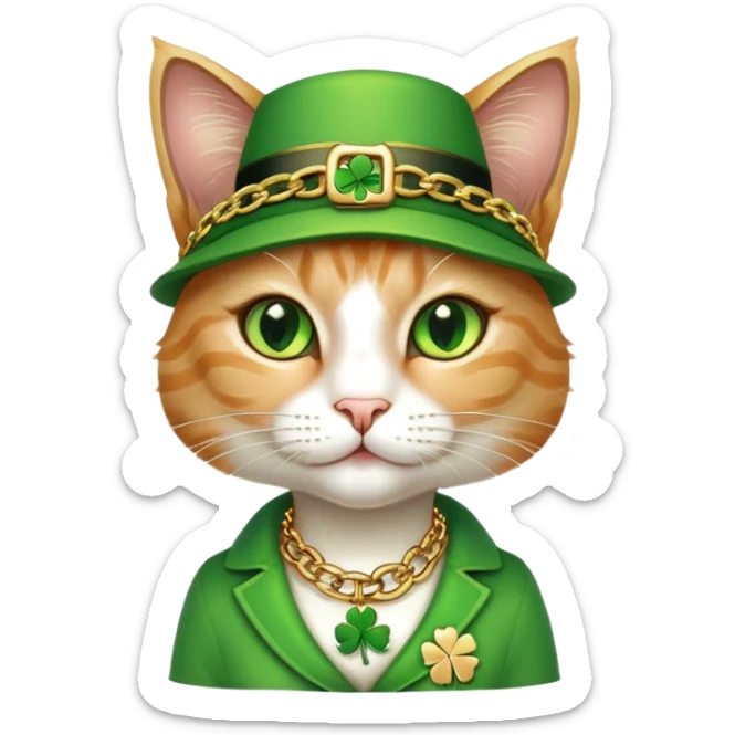 female cat dressed in hip-hop Run DMC style, green outfit, shamrock accessories, gold chains, bling, St. Patrick's Day sticker