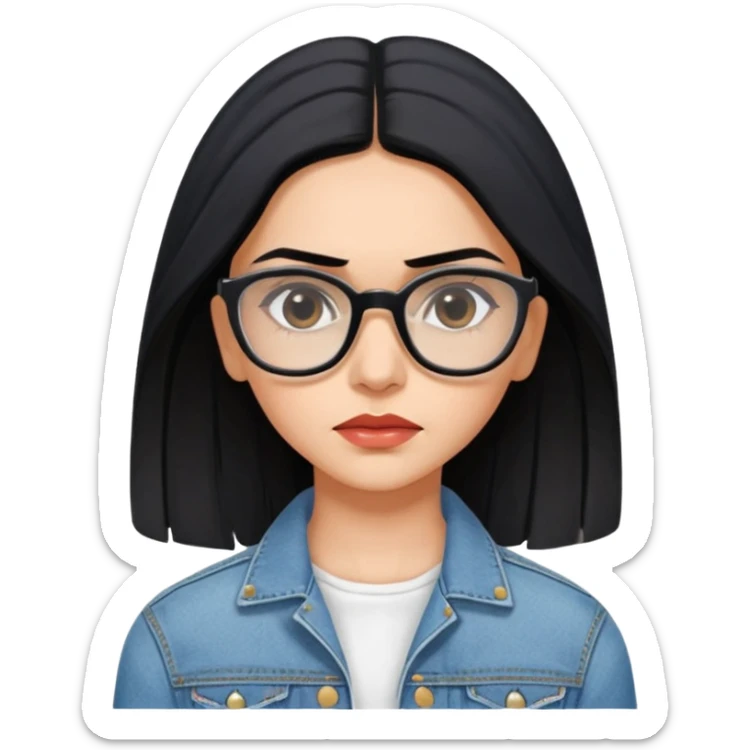 generate a pretty bratz emoji 
Make her wear a white dress with a denim jacket over it. black hair side part 

She should look exactly  like Deepika padukone. wearing tiny rectangular spectacle, looking sad sticker