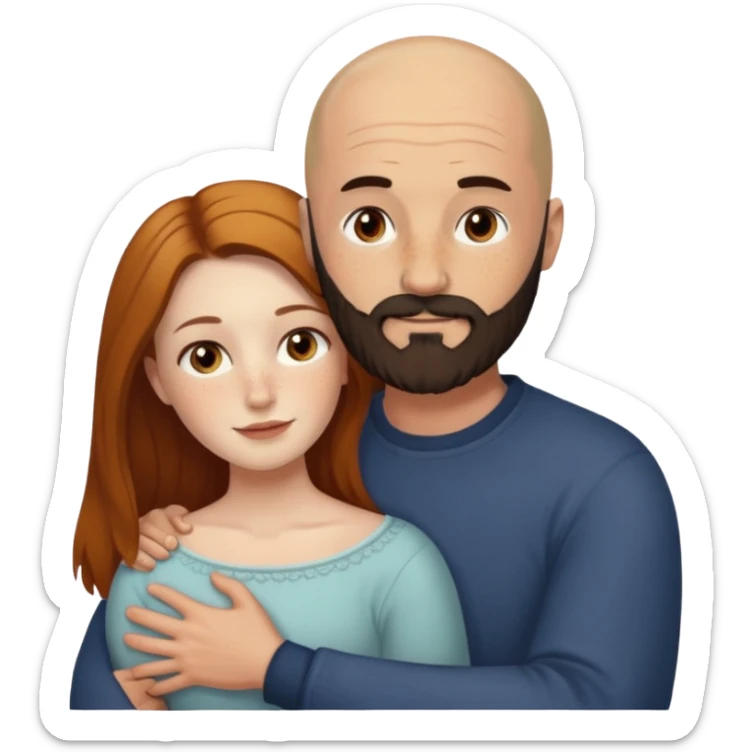 Couple. Bald man with dark brown-black beard. White woman with many small, faded freckles, she has white skin and she has auburn-yellow-brown-cinnamon, dark long hair. She has light brown eyes. The man have hazel eyes. Retro style. They hug. sticker