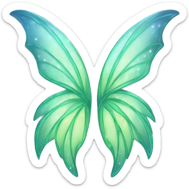 Create an emoji-style image of a pair of fairy wings. The wings should be primarily light green with subtle blue accents. They should have a shimmering, glittery effect to make them look magical and ethereal. sticker