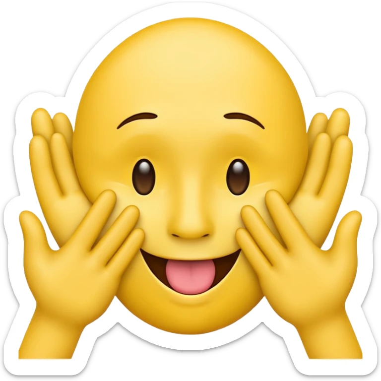 Yellow face emoji with tongue out and hands to the side hugging face hands facing away from face. sticker