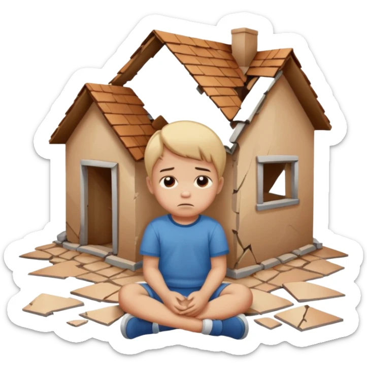 apple style emoji of a small child sitting on the floor, broken houses around, sad face sticker