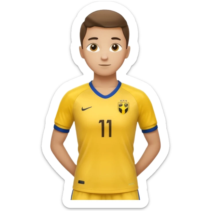 Apple emoji style 23 year old soccer player standing hands on waist, yellow jersey #11, soft shadows sticker