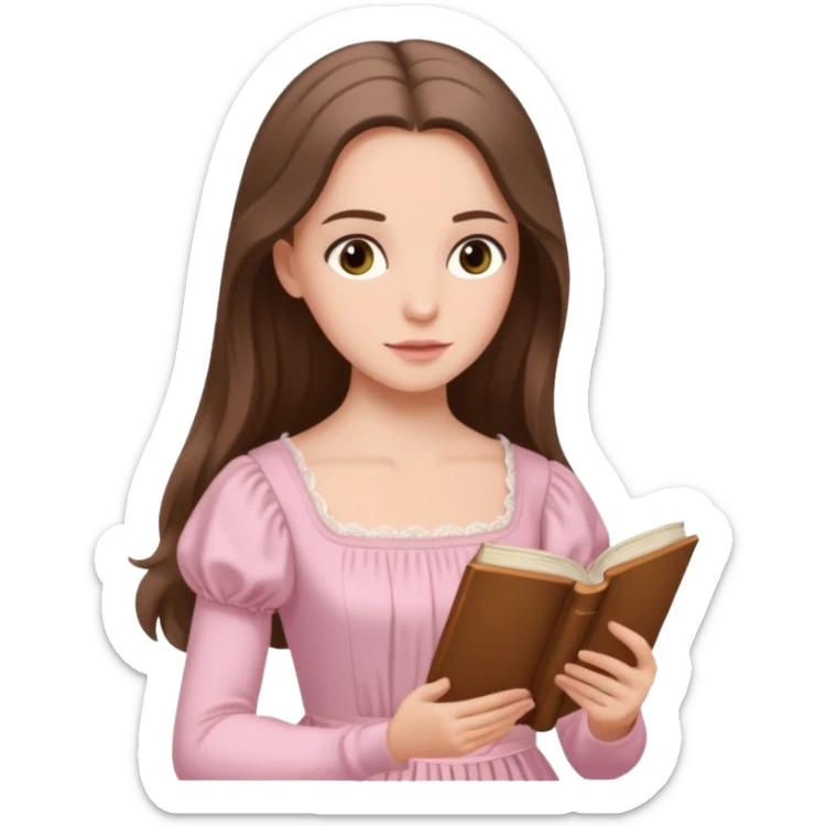  white long brunette hair girl with hazel eyes in light pink reading Pride and Prejudice sticker
