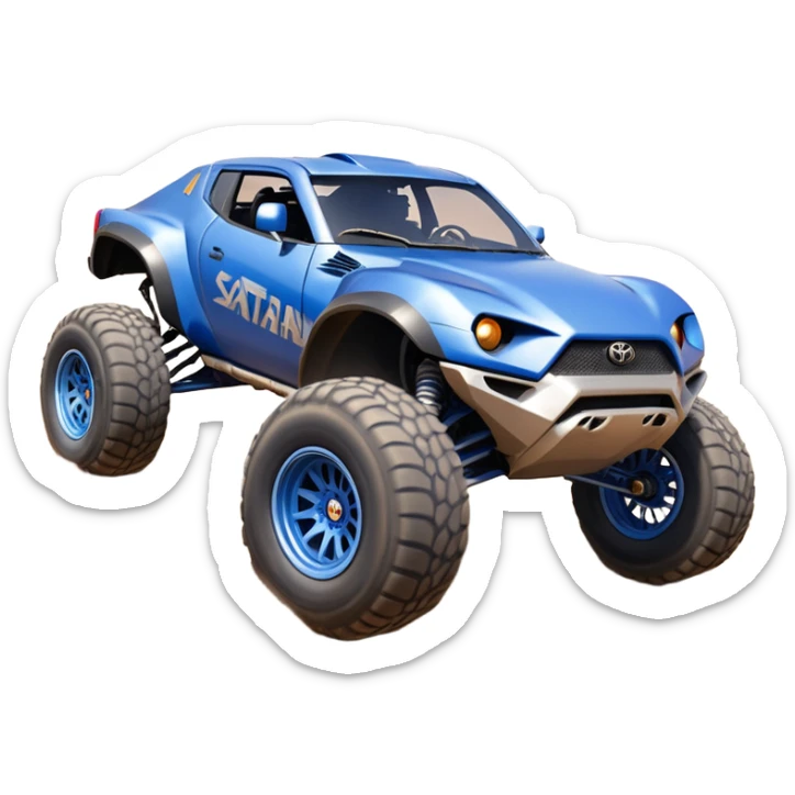 Satan’s evil night blue Dirty and dented Local Motors Rally Fighter off road race car hot rod meets Toyota 86 trophy truck-style basher flying on a dusty road (silver wheels) sticker