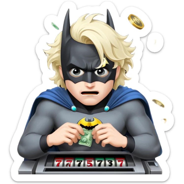 disheveled bat man losing money at a slot machine, panicked face, coins flying sticker