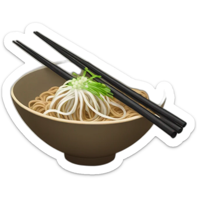 bowl of japanese buckwheat soba noodles with two chopsticks and spring onions sticker