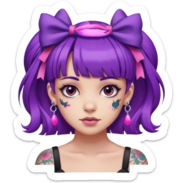 girl with bangs and purple hair and pink hairbow on the side of head and earrings and tattoos sticker