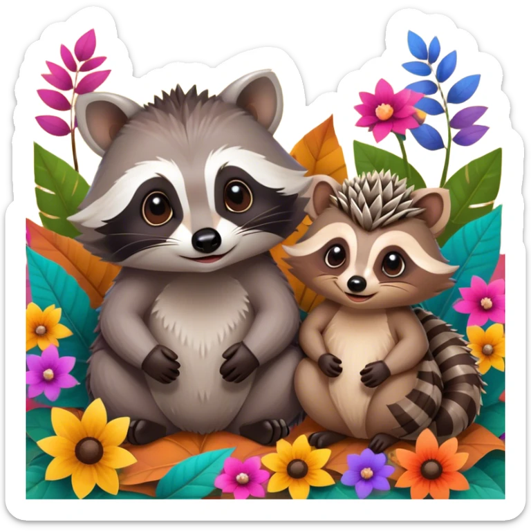 Collage of an exotic raccoon and a hedgehog, both with cute expressions, sitting together on a bed of colorful leaves and flowers. The raccoon is holding a shiny object, while the hedgehog curls up in a playful pose. Bright, nature-inspired background with vibrant colors. sticker